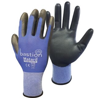 Mataro Blue Nylon Gloves, Polyurethane Palm Coating Large Pack 12 Pairs - Bastion