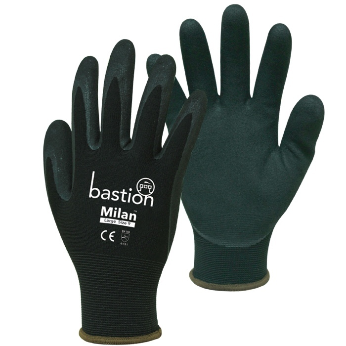 Milan Black Nylon Gloves, Black Sandy Foam Nitrile Palm Coating Medium - Bastion