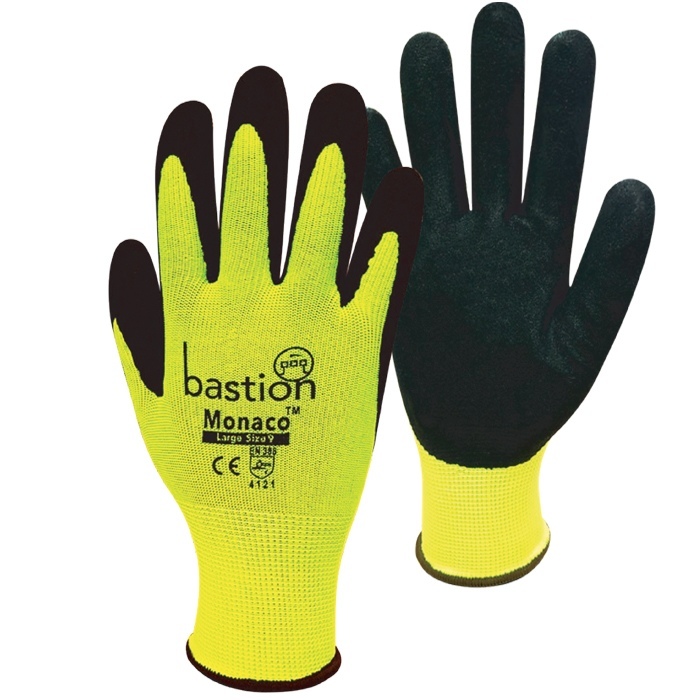 Monaco High Viz Yellow Polyester Gloves, Black Sandy Foam Nitrile Palm Coating, X-Large - Bastion