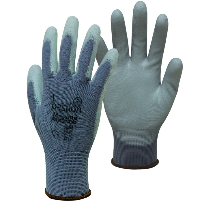 Messina Grey Nylon Gloves, Polyurethane Palm Coating Large Pack 12 Pairs - Bastion