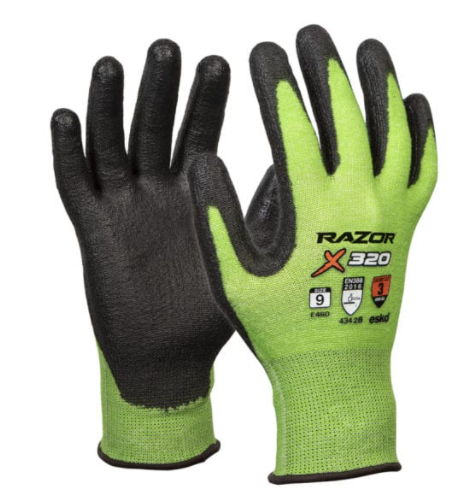 RAZOR X320, HiVis Green Cut 3 Glove Header Carded, Size 7 - Esko